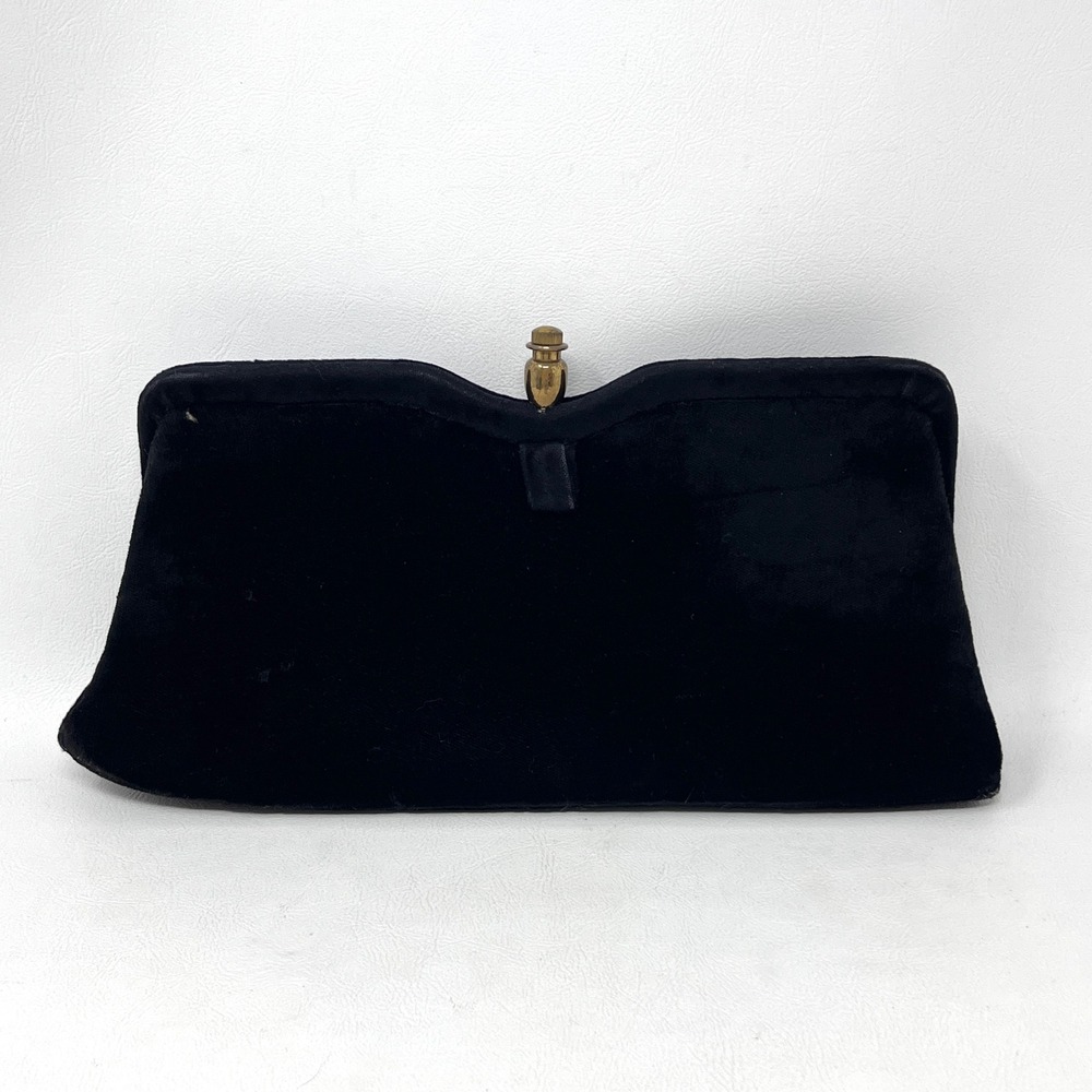 40s Vintage Black Velvet Clutch Purse Duck Tongue Clasp Glam Evening Cocktail
